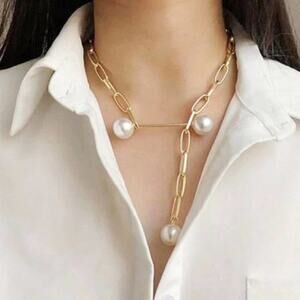 2/$30 NEW Boho Festival Pearl Gold Necklace Chain Link 177